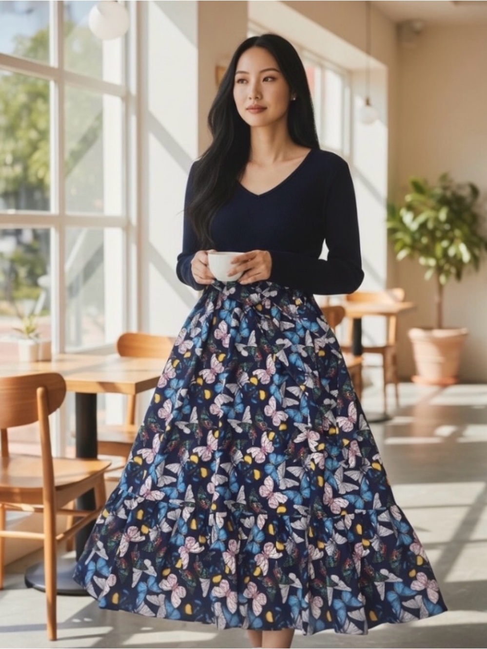 Women’s Navy Midi Dress with Multicolor Butterfly Print